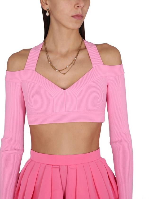 Women's Cropped Off Shoulder Viscose Long Sleeve T-Shirt Pink - ALEXANDER MCQUEEN - BALAAN 5