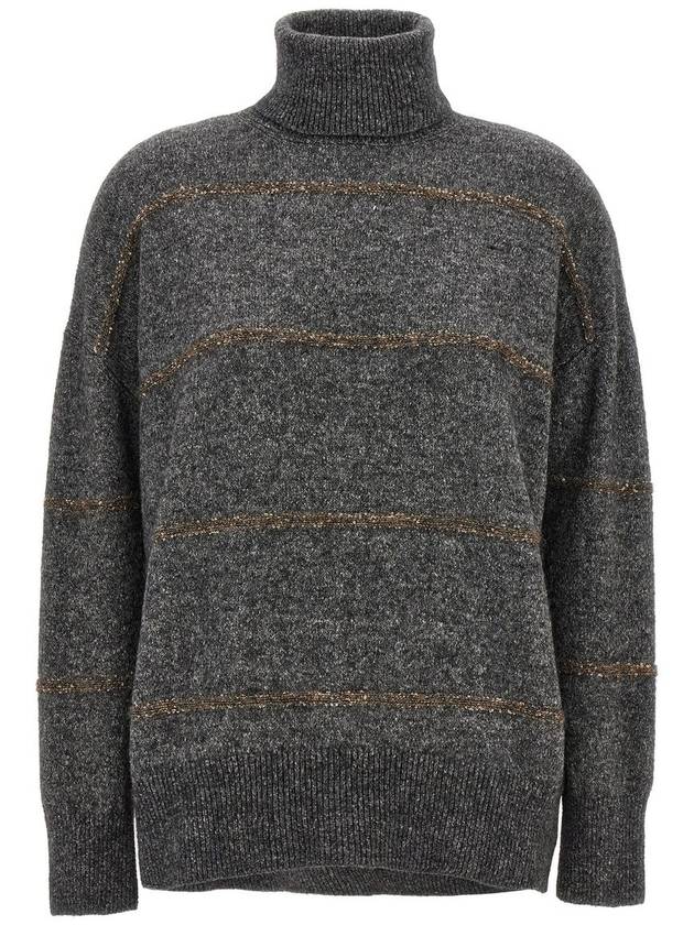 Grey High Neck Sweater With Stripe Motif In Alpaca Blend Woman - BRUNELLO CUCINELLI - BALAAN 1