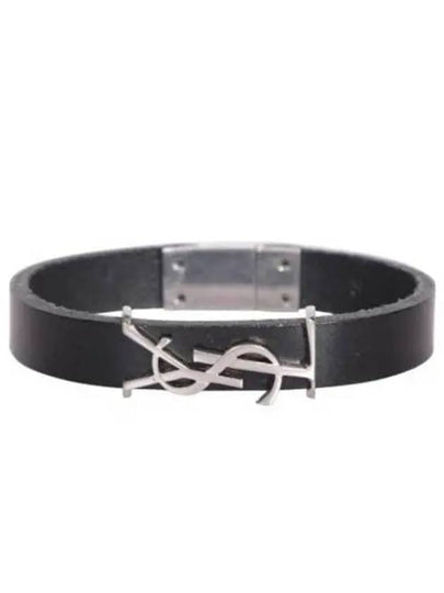 Opyum Silver Logo Leather Bracelet Black - SAINT LAURENT - BALAAN 2