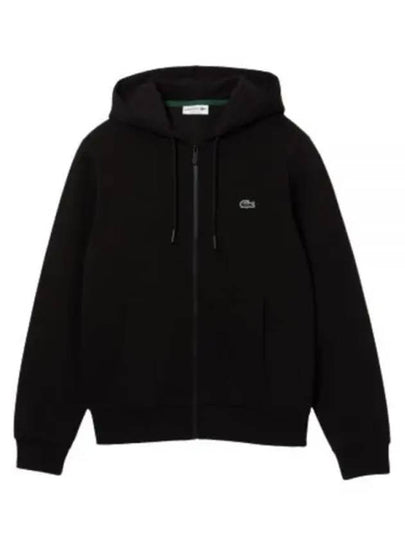 Embroidery Logo Kangaroo Pocket Fleece Zip Up Hoodie Black - LACOSTE - BALAAN 2