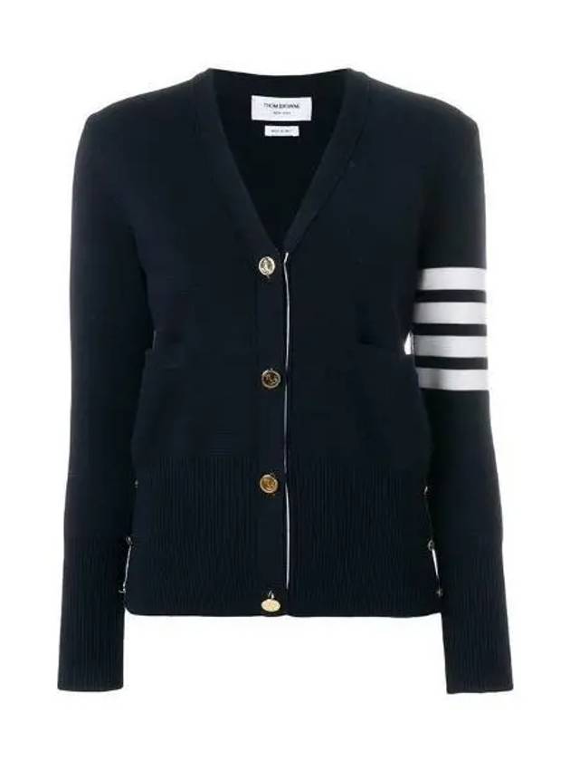 Milano Stitch 4 Bar Classic V Neck Fine Merino Wool Cardigan Navy - THOM BROWNE - BALAAN 2