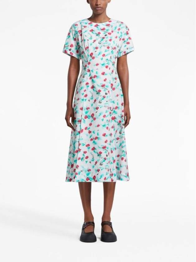 Floral Printed Cotton Midi Dress White - MARNI - BALAAN 3