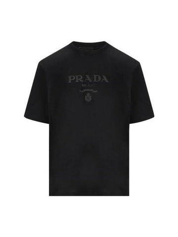 Logo Print Crew Neck Cotton Short Sleeve T-shirt Black - PRADA - BALAAN 1