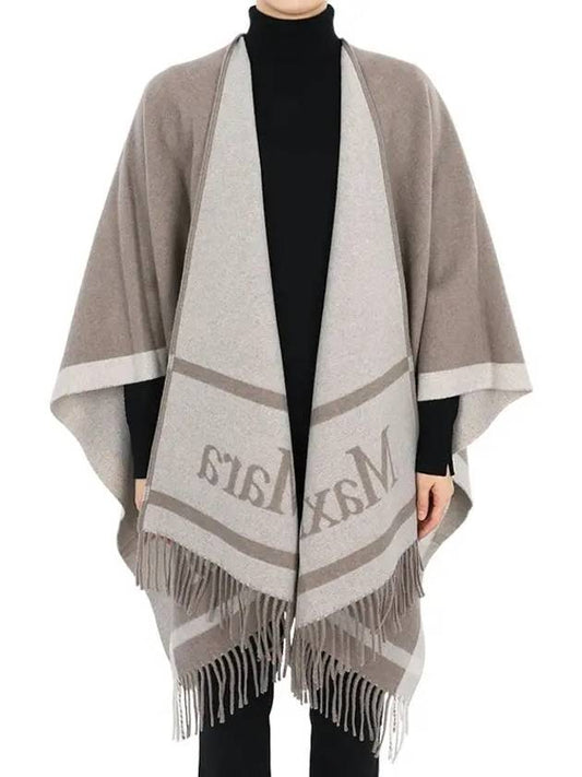 Fringe Edge Intarsia Logo Wool Cape Brown - MAX MARA - BALAAN 2