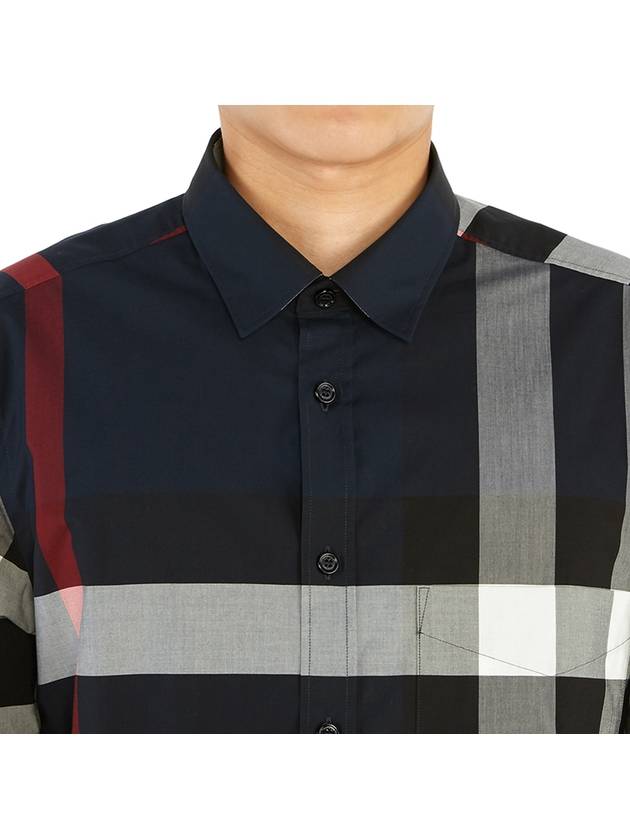 Men's Checked Stretch Cotton Poplin Long Sleeve Shirt Navy - BURBERRY - BALAAN 9