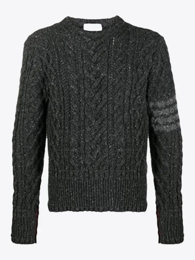 Men's Aran Cable Diagonal Armband Classic Crew Neck Knit Top Dark Gray - THOM BROWNE - BALAAN.