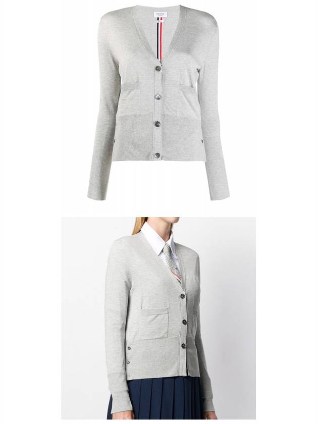 Silk Cotton Blend Relaxed V-Neck Cardigan Light Grey - THOM BROWNE - BALAAN 6