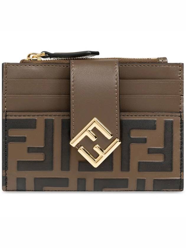 FF Diamond Embossed Logo Zip Card Holder Brown - FENDI - BALAAN 3