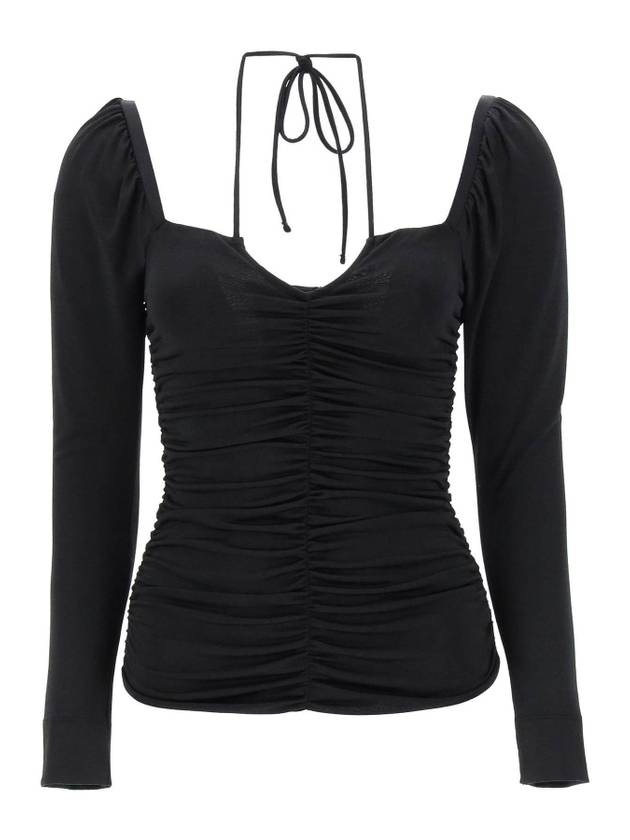 Shiny Crepe Jersey Ruched Blouse Black - GANNI - BALAAN 1