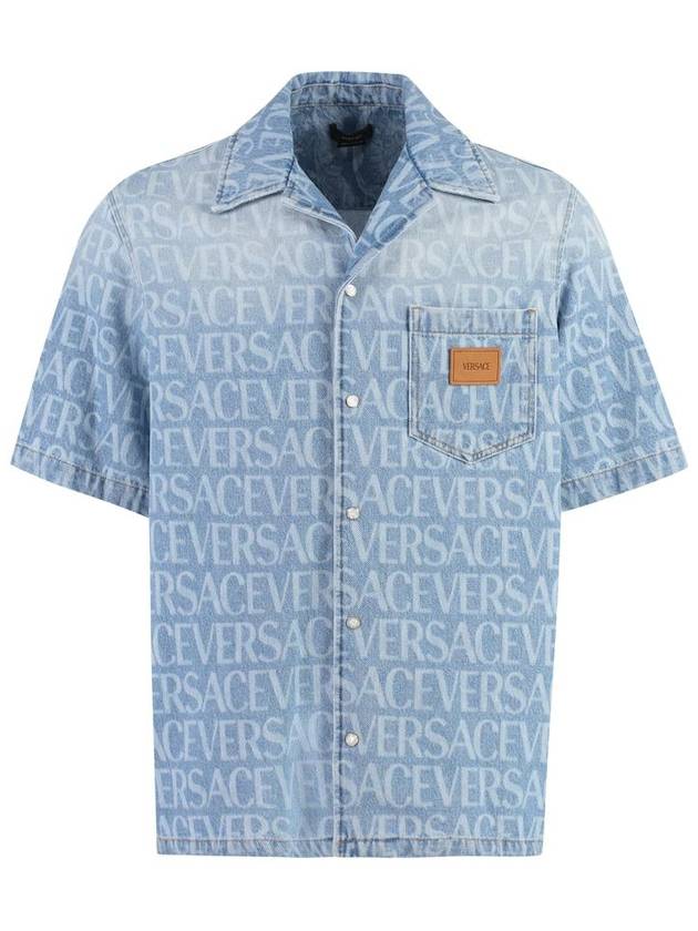 Allover Logo Denim Cotton Short Sleeve Shirt Blue - VERSACE - BALAAN 2