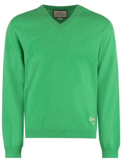 Men's Cashmere Embroidered Logo V-Neck Knit Top Green - GUCCI - BALAAN 2