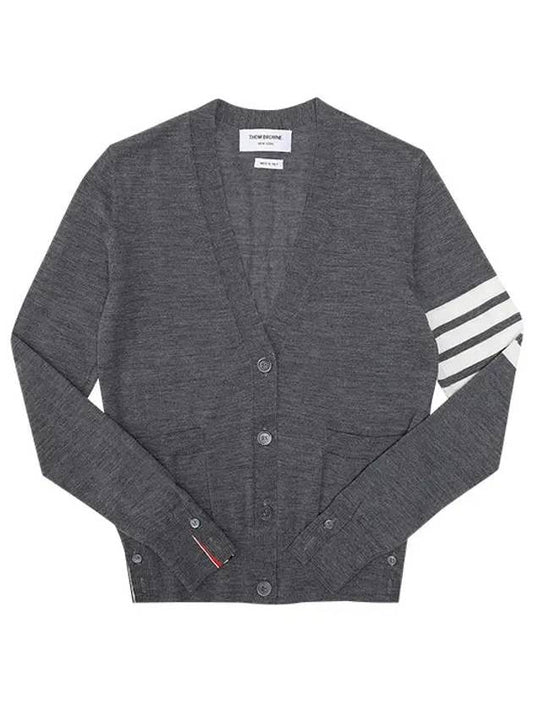 Sustainable Fine Merino Wool 4-Bar Relaxed Fit V-Neck Cardigan Medium Grey - THOM BROWNE - BALAAN 2