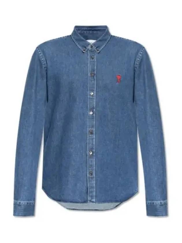 Heart Logo Button Down Denim Long Sleeve Shirt Navy - AMI - BALAAN 2