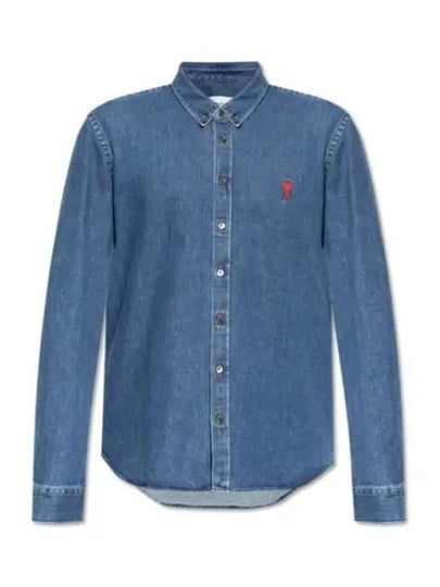 Heart Logo Button Down Denim Long Sleeve Shirt Navy - AMI - BALAAN 2