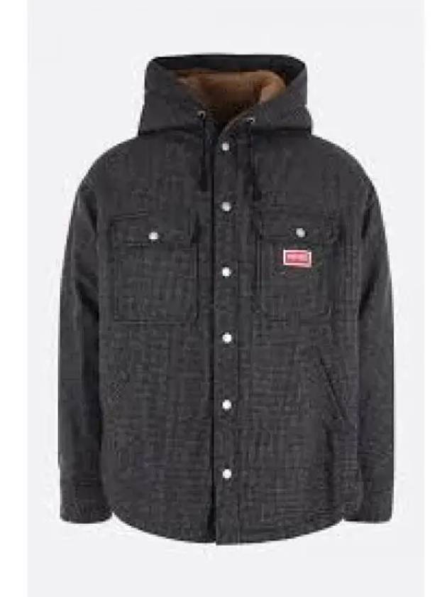 Houndstooth Pattern Press Stud Hooded Check Overshirt Jacket Grey - KENZO - BALAAN 2