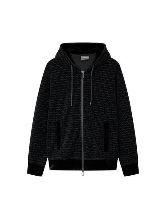 Men's Velor Logo Pattern Hooded Zip-Up Black - EMPORIO ARMANI - BALAAN 1