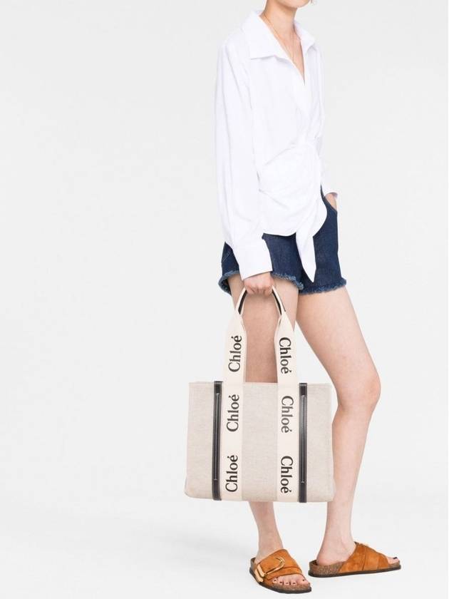 Woody Canvas Medium Tote Bag White Navy - CHLOE - BALAAN 3