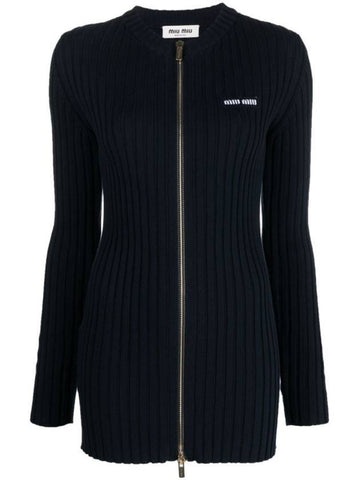 Women's Logo Knit Full Zip Up Cardigan Navy - MIU MIU - BALAAN 1