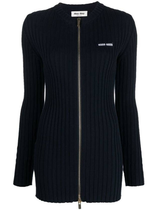 Women's Logo Knit Full Zip Up Cardigan Navy - MIU MIU - BALAAN.