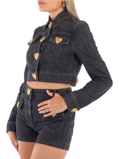 Moschino Heart Buttons Cropped Denim Jacket, Brand Size 42 (US Size 8) - MOSCHINO - BALAAN 2