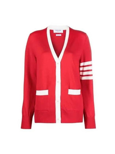 Cotton Hector Pointelle 4-Bar V-Neck Cardigan Red - THOM BROWNE - BALAAN 1