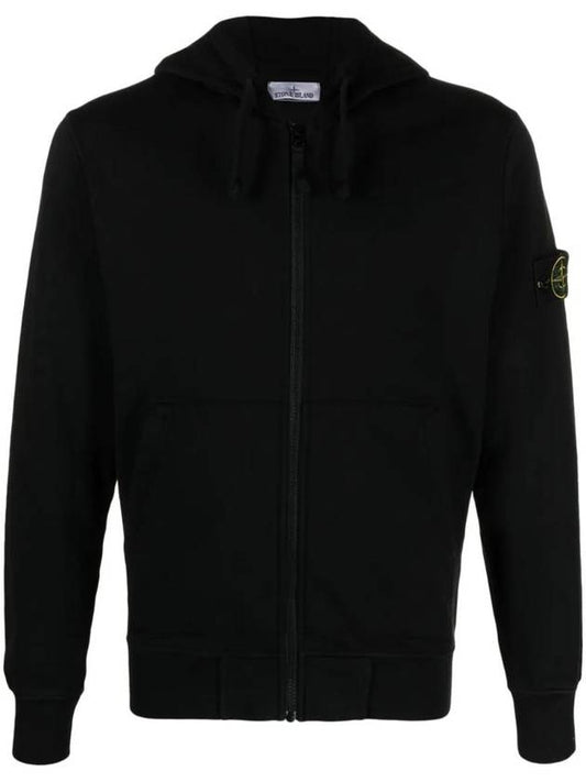 Garment Dyed Cotton Fleece Full Zip Hooded Jacket Black - STONE ISLAND - BALAAN 1