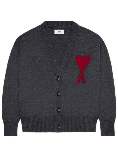 Heart Logo V Neck Wool Cardigan Heather Grey - AMI - BALAAN 2