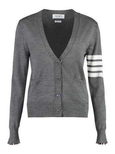 Sustainable Fine Merino Wool 4-Bar Relaxed Fit V-Neck Cardigan Medium Grey - THOM BROWNE - BALAAN 2