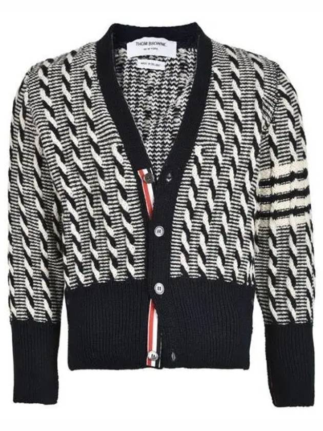 4-bar V-neck Twist Cable Knit Cardigan Navy - THOM BROWNE - BALAAN 2