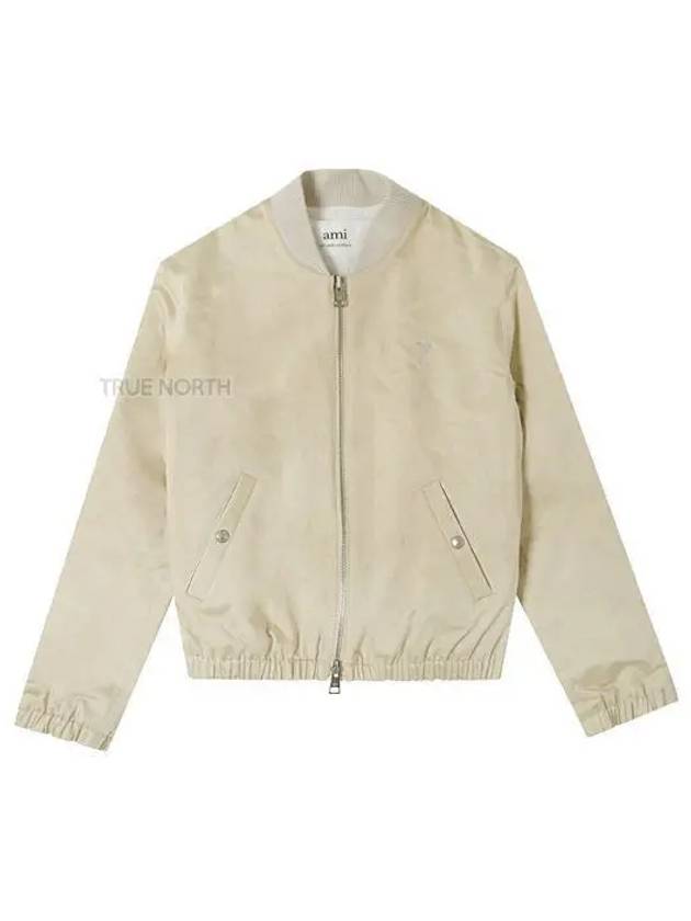 Embroidered Heart Logo Cotton Satin Bomber Jacket Beige - AMI - BALAAN 2