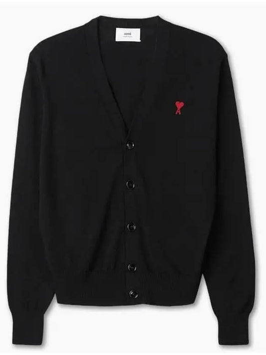 Red Heart Logo Merino Wool Cardigan Black - AMI - BALAAN 2