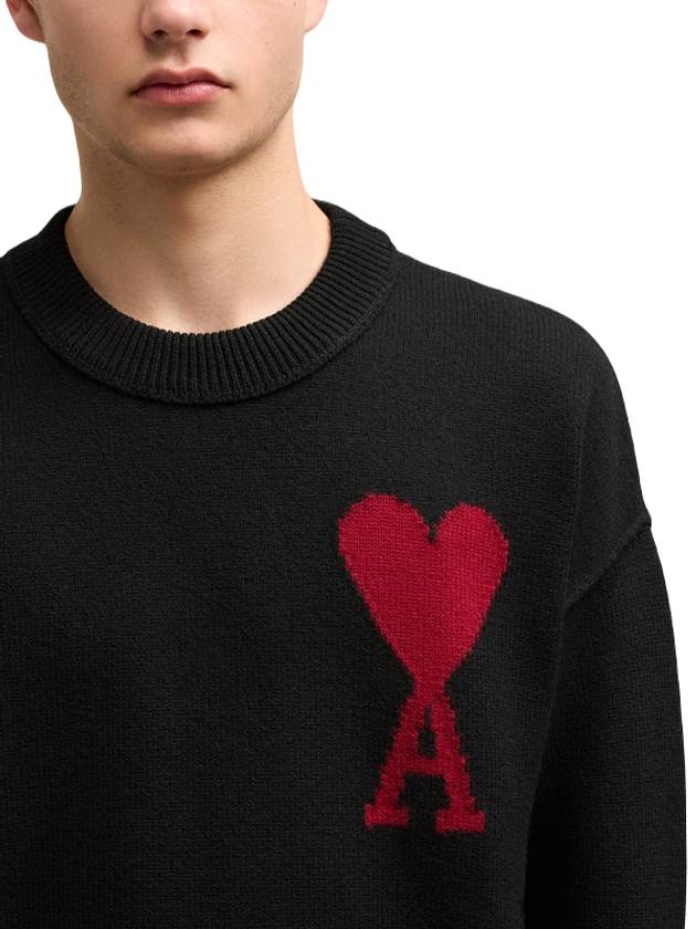 Intarsia Big Heart Logo Wool Knit Top Black - AMI - BALAAN 2