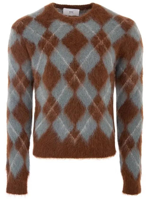 Argyle Alpaca Mohair Brushed Knit Top Green Brown - AMI - BALAAN 3