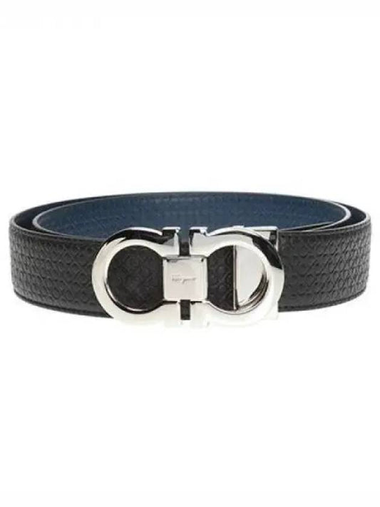 Double Gancini Reversible Leather Belt Black Fiore Blue - SALVATORE FERRAGAMO - BALAAN 2