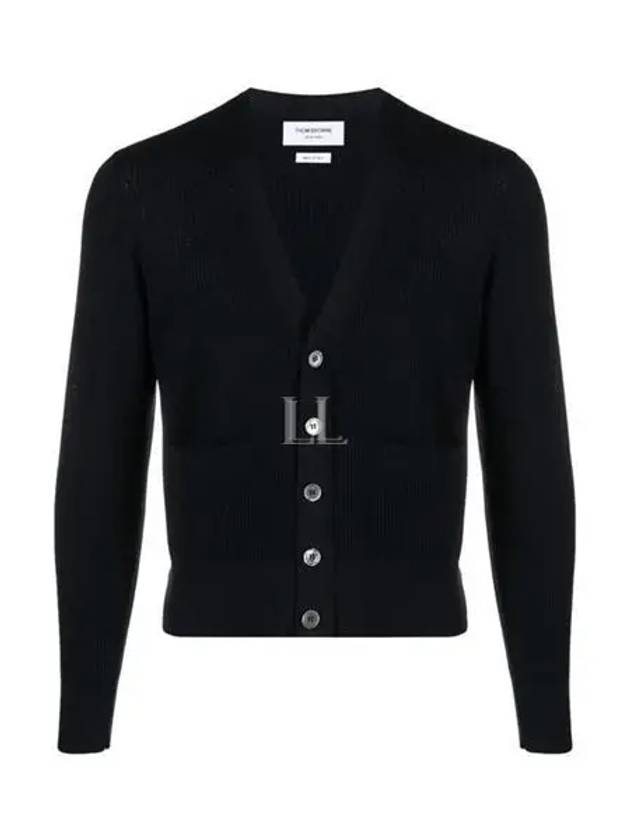 Wool Crepe 4-Bar Relaxed Fit Cardigan Navy - THOM BROWNE - BALAAN 2