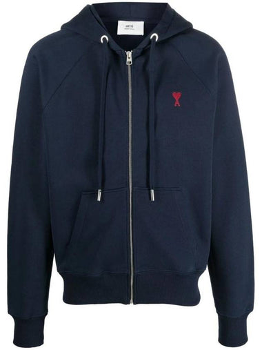 Small Heart Logo Cotton Zip Up Hoodie Night Blue - AMI - BALAAN 1