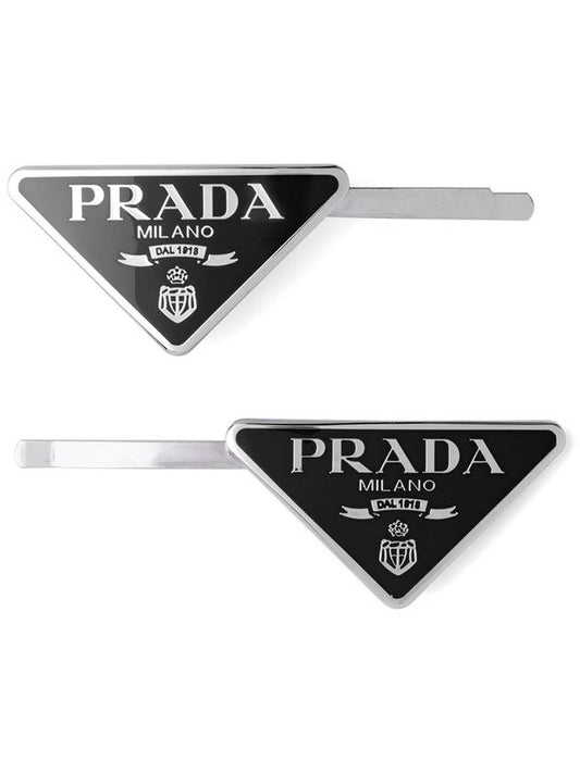 triangle logo hair clip silver black - PRADA - BALAAN.