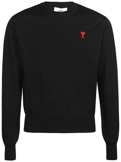 Heart Embroidered Logo Crew Neck Knit Top Black - AMI - BALAAN 2