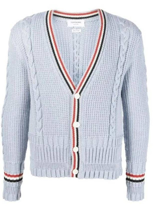 cable stripe stitch cardigan blue - THOM BROWNE - BALAAN.