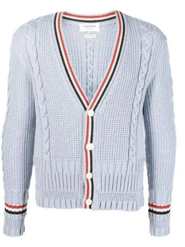 Cable Stripe Classic V-neck Merino Wool Cardigan Blue - THOM BROWNE - BALAAN 1