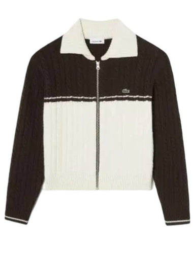 Women's Cable Color Block Collar Zip-Up Cardigan Brown - LACOSTE - BALAAN 1