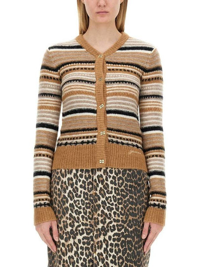 Striped Soft Wool Knit Cardigan Brown - GANNI - BALAAN 2