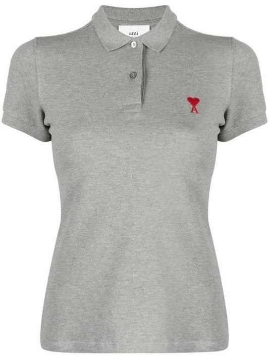 Embroidered Heart Logo Polo Shirt Heather Grey - AMI - BALAAN 1