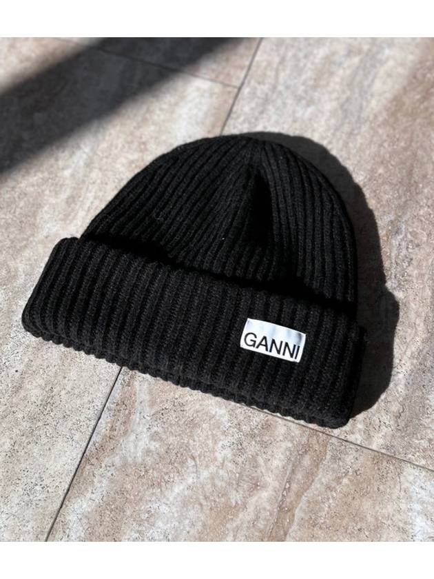 Logo Patch Wool Beanie Black - GANNI - BALAAN 6