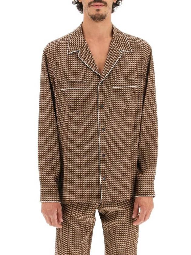 Men's Mini Stud Print Silk Pajamas Long Sleeve Shirt Brown - VALENTINO - BALAAN 3