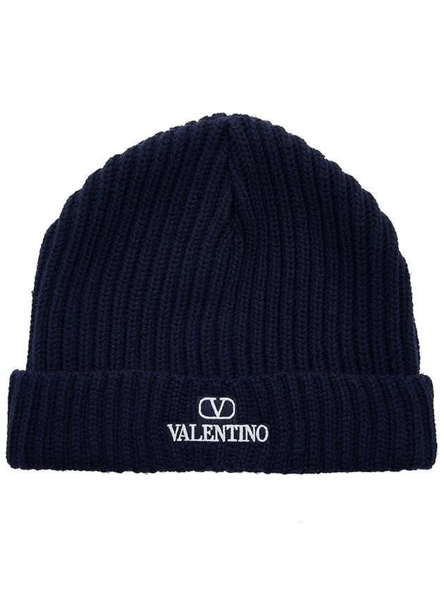 Embroidered Logo Ribbed Beanie Navy - VALENTINO - BALAAN 11