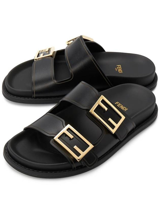 Women's FF Leather Fill Flat Sandals Slippers Black - FENDI - BALAAN 2