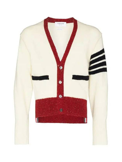 Men's Jersey Stitch Mohair Tweed 4 Lines V-Neck Cardigan White - THOM BROWNE - BALAAN 2