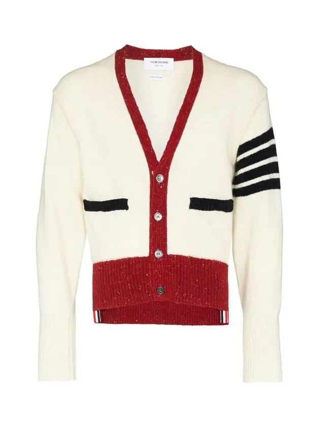 Men's Jersey Stitch Mohair Tweed 4 Lines V-Neck Cardigan White - THOM BROWNE - BALAAN 3