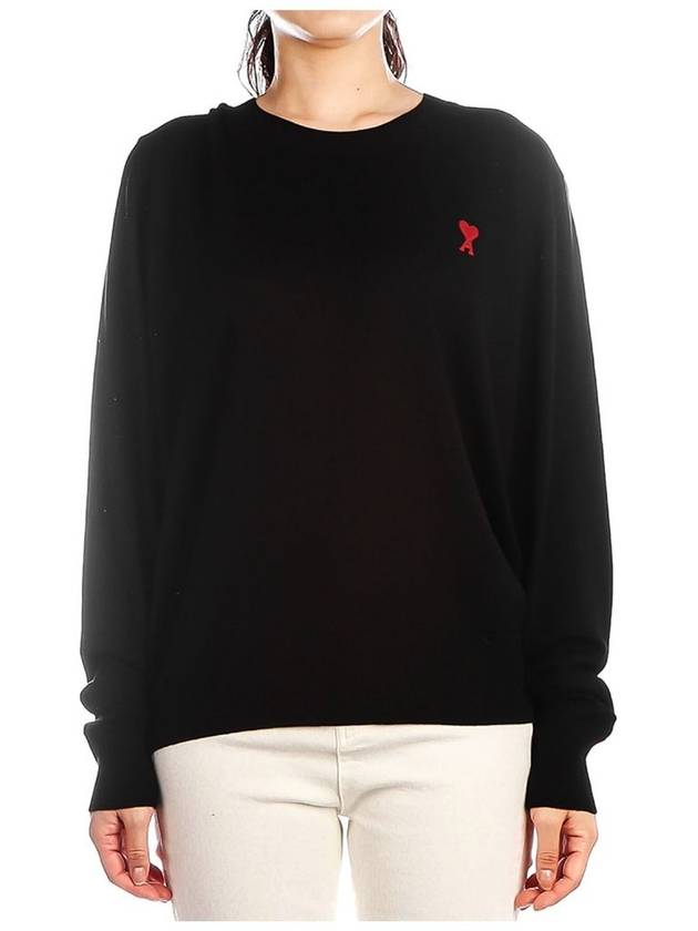 Heart Logo Crew Neck Merino Wool Knit Top Black - AMI - BALAAN 2